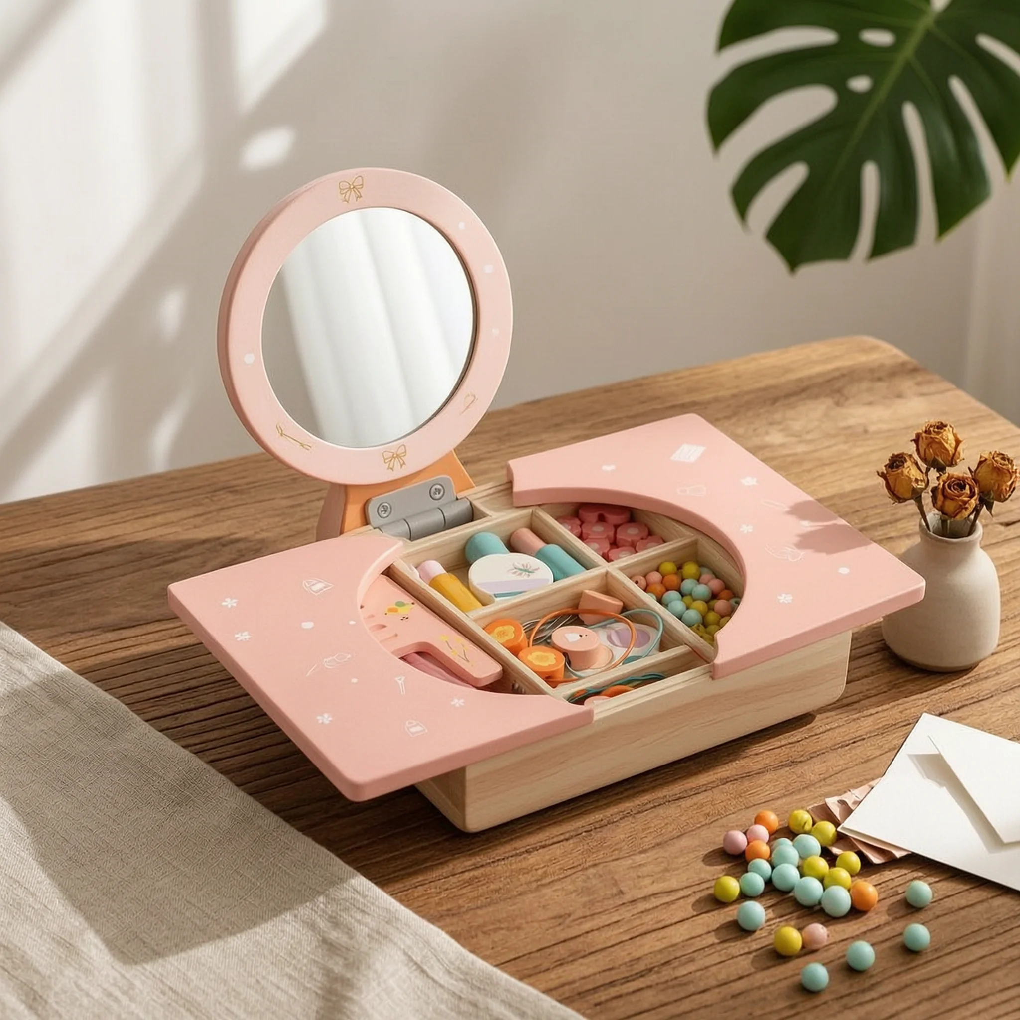 おもちゃ用バニティセット、鏡付きテーブルトップ、子供用バニティセット、幼児、プレイルーム、寝室用の持ち運び可能な安定したバニティセット