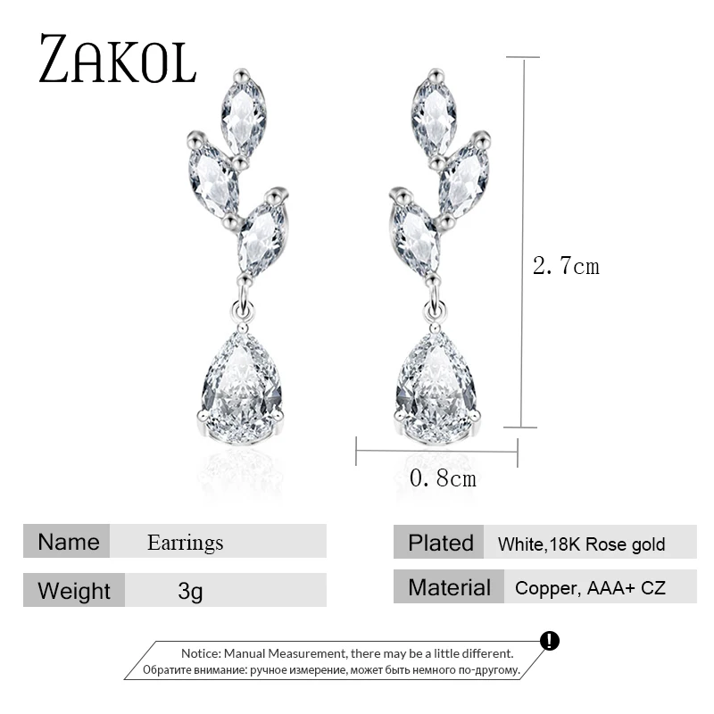 ZAKOL White Color Flower Shape Zircon Water Drop Crystal Pendant Dangle Earrings For Women Bridal Wedding Jewelry EP2469