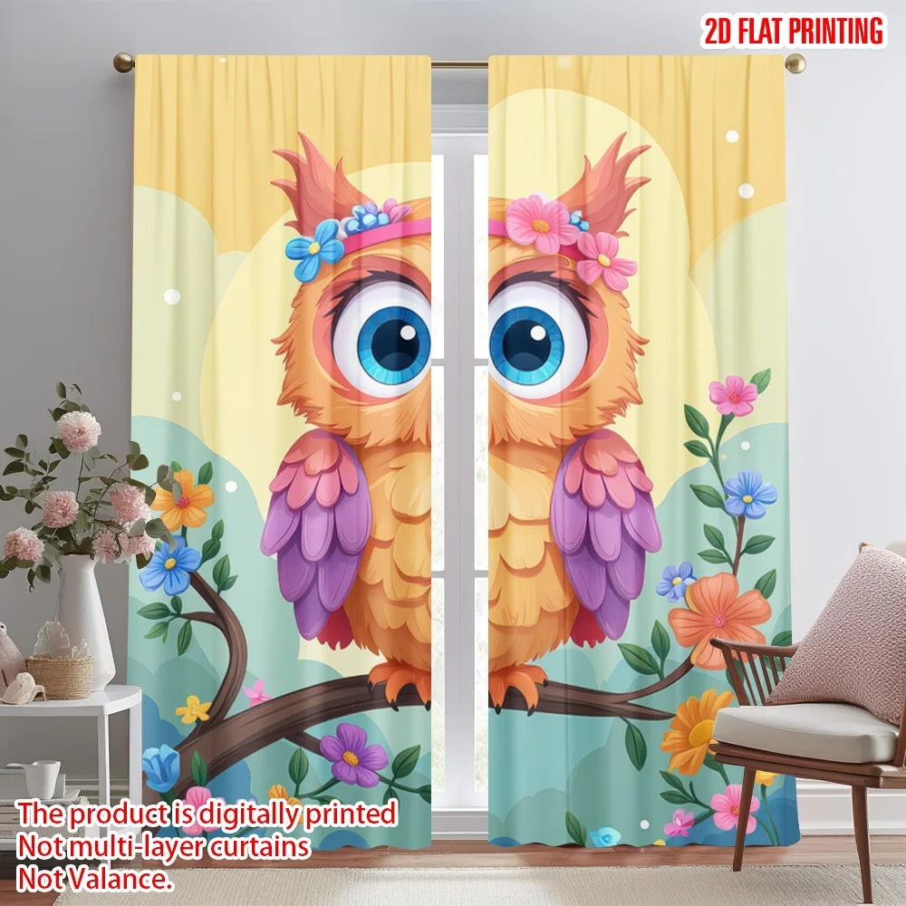 

2D flat printing 2pcs Curtain Springtime Floral Owl Digital Printed Polyester Drapes Festive Holiday Perfect for Photo Booths &