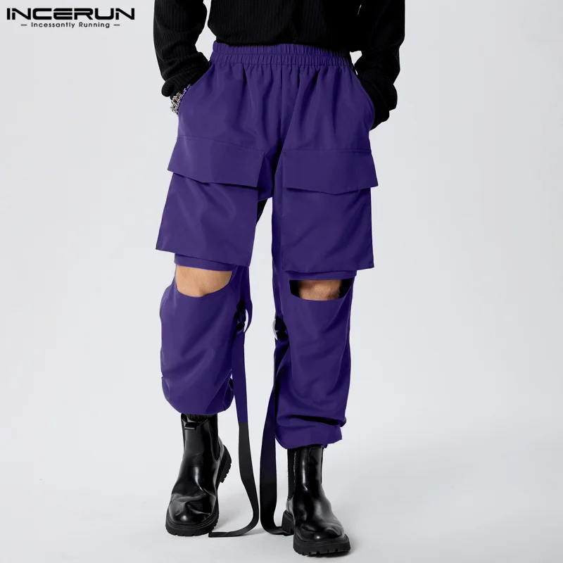 INCERUN Mens Cargo Pants Solid Color Elastic Waist Loose Hollow Out Casual Trousers Men Streetwear 2024 Pockets Fashion Pants