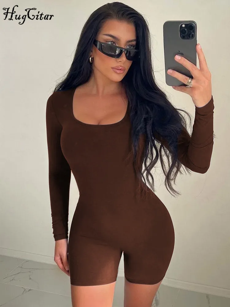 Hugcitar Fall Fashion Long Sleeve Solid Sexy Bodycon Skinny Playsuit Women Clothings Party Streetwear Sport Romper Overalls Y2K