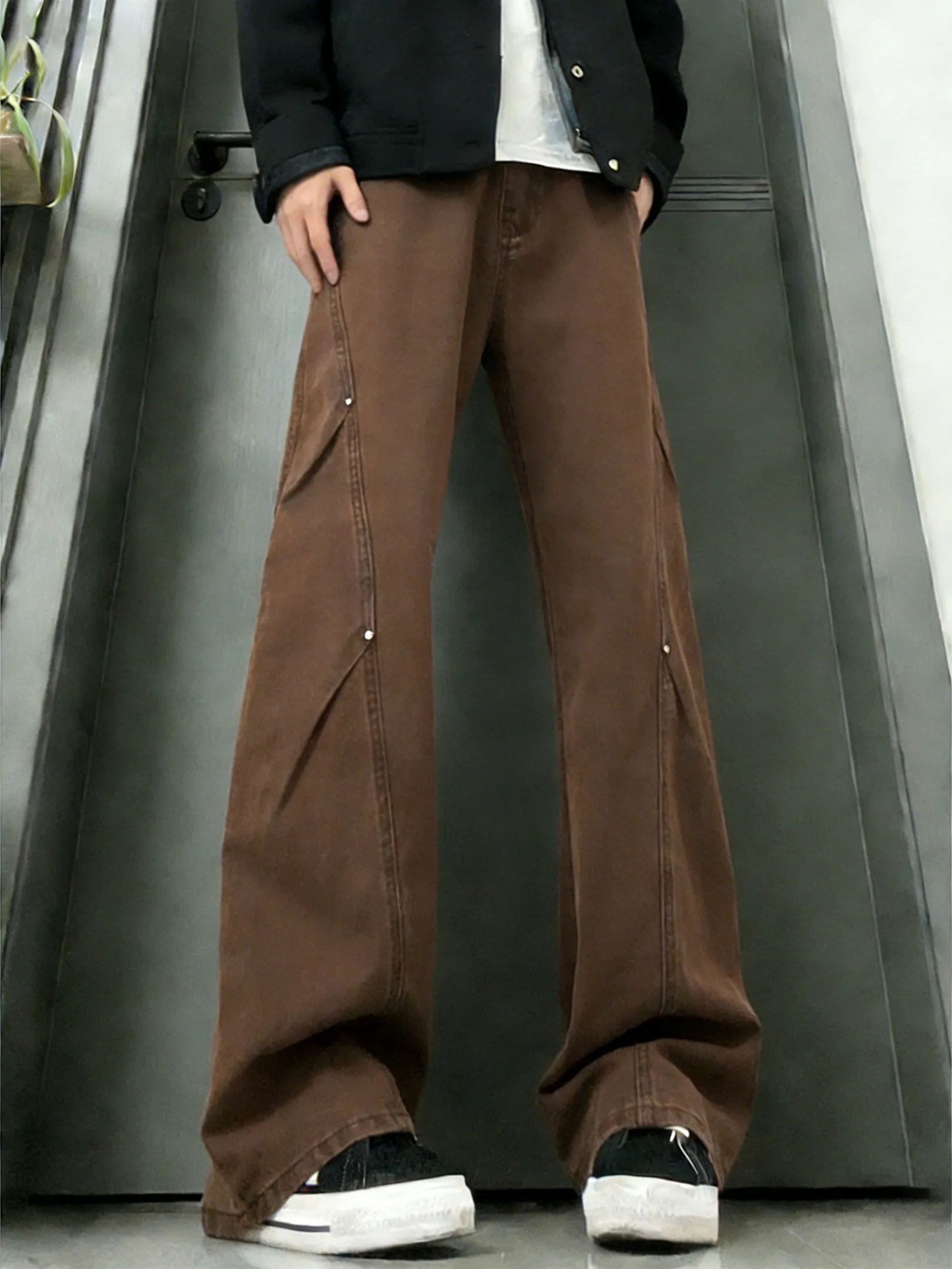 

Cé Brown Rivet Slant Cut Men's Jeans High Street Straight Leg Wide Leg Knife Pants Loose Slimming Workwear Trousers