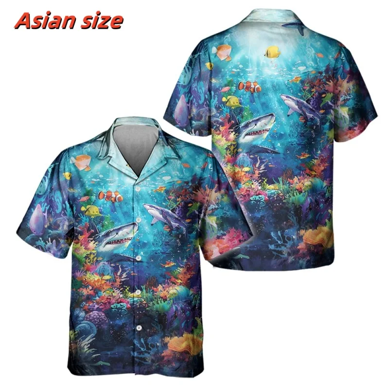 Camisa hawaiana con estampado de mundo submarino colorido para hombre, blusa con estampado 3D de tiburón y pescado, Tops de solapa de manga corta para verano, camisas Aloha