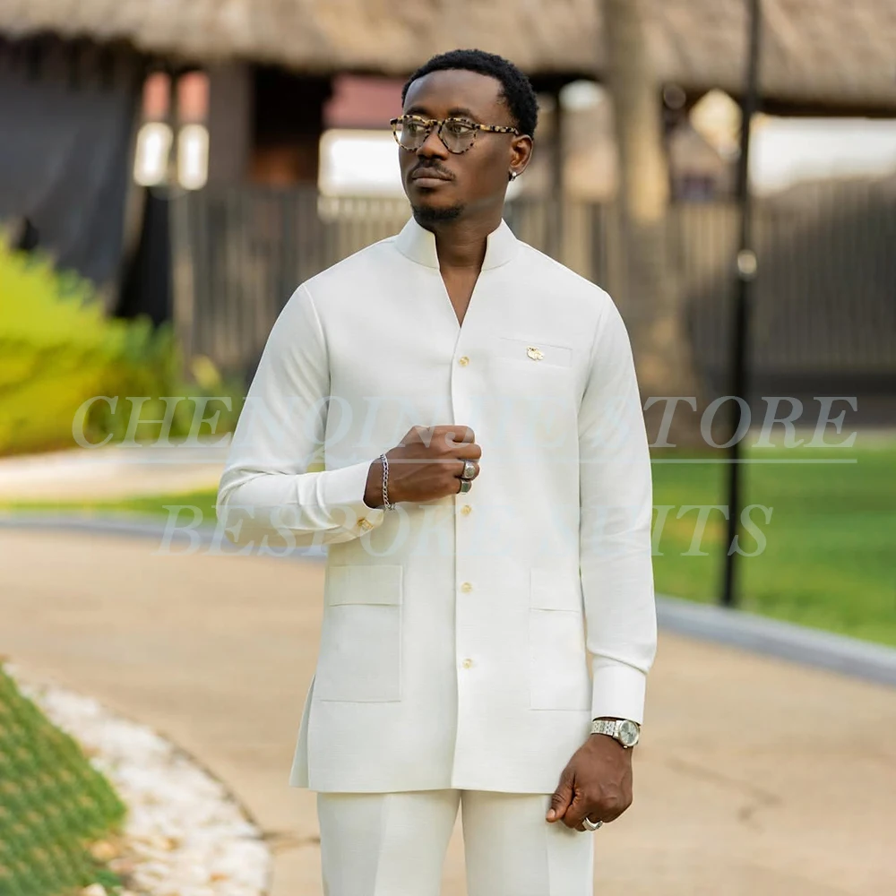 

Casual Chic White Men's Suits Elegant Single Breasted Stand Lapel Busienss 2 Piece Jacket Pants Bespoke Male Clothing Outfits