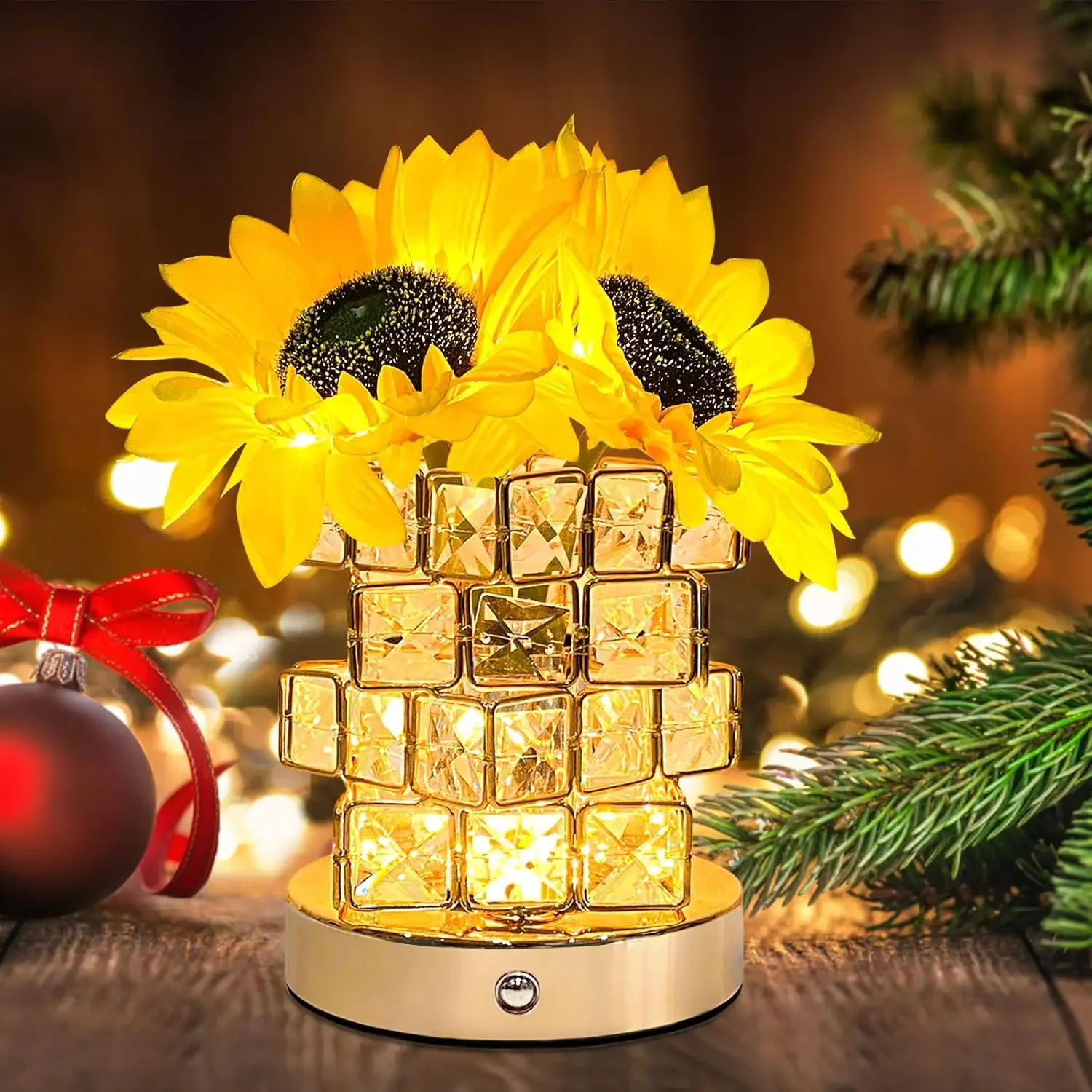 LED Crystal Sunflower Table Lamp 3 Colors Dimmable Magic Cube Rose Creative Atmosphere Lights Bedroom Bedside Decor Light