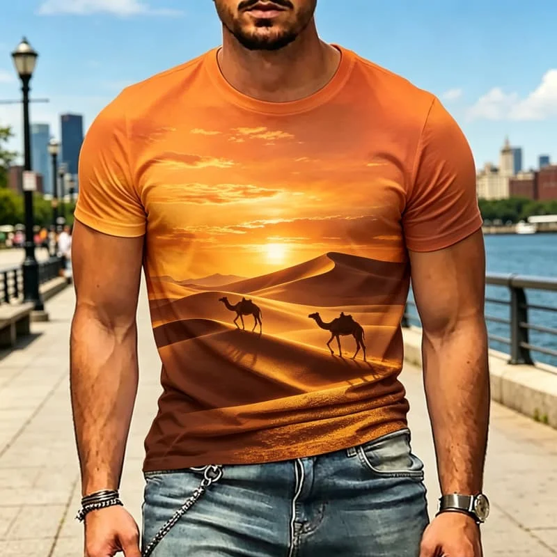 Men's Scenic Nature Landscape Print Casual T-Shirts, Short Sleeve Crew Neck Tops for Adventure, Nature Lovers and Everyday Wear