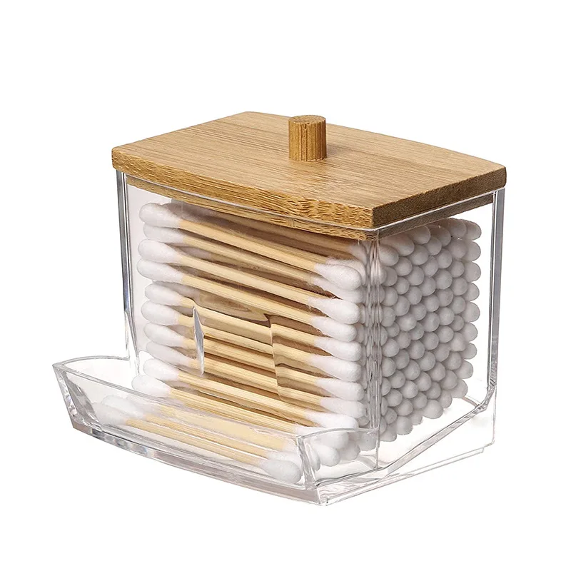 Acrylic Cotton Swab Organizer Bamboo Lid Portable Round Container Cosmetic Cotton Puff Storage Cotton Swab Holder