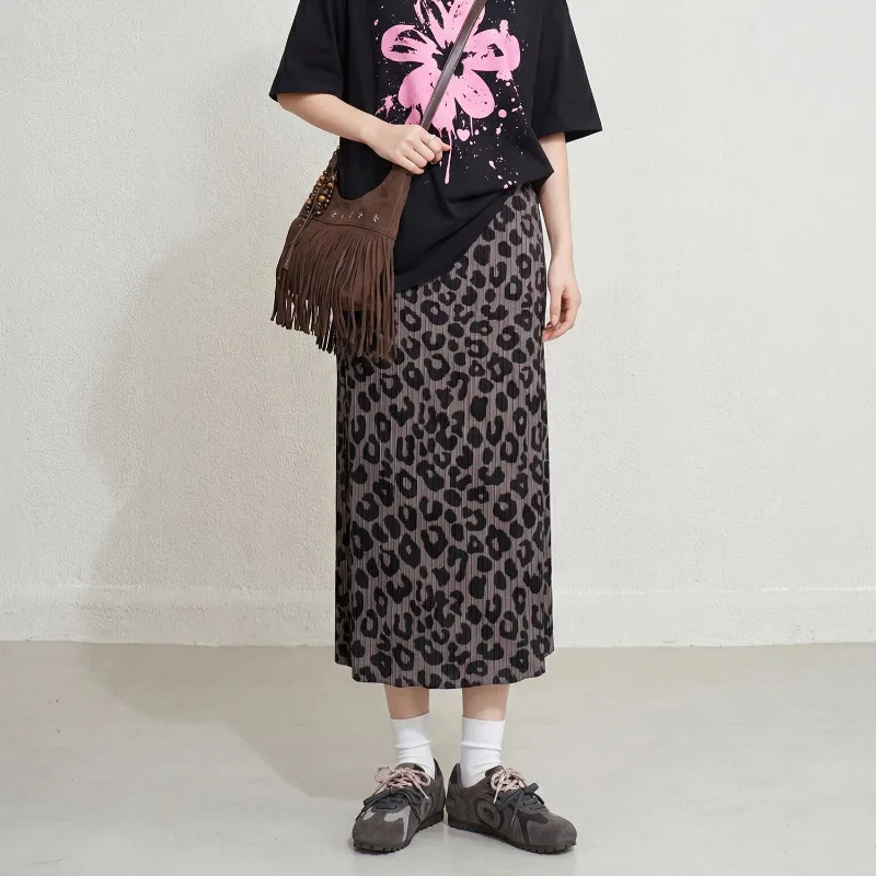 

Miyake Pleated Skirt for Women Summer 2026 New Vintage Elastic Waist Leopard Print Fashion High Waist Pleated Mid-Length Skirt