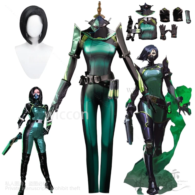 

Anime Game VALORANT Viper Cosplay Costume Green Sexy Jumpsuit Uniform Black Wigs For Girls Woman Halloween Roleplay Customized