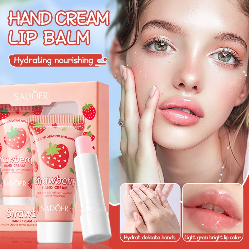 Hot Sale SADOER Strawberry Nourishing Hand Cream Lip Balm Set Autumn/Winter Hand Cream Lip Balm