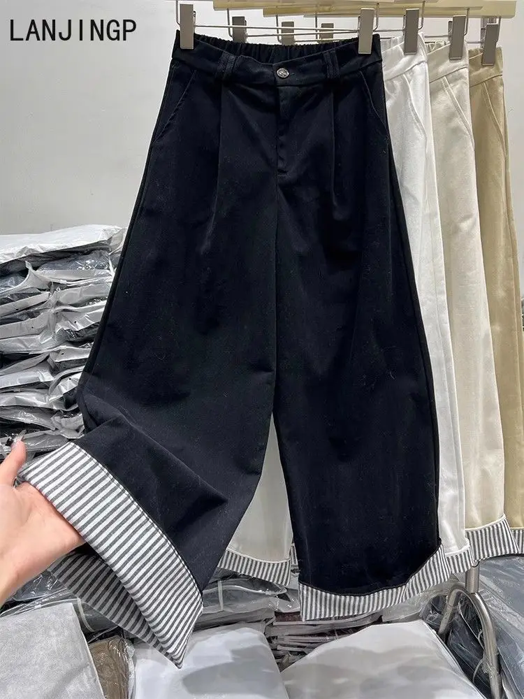 Korean design striped rolled-edge wide-leg pants women's pants new retro loose straight nine-point casual long pants