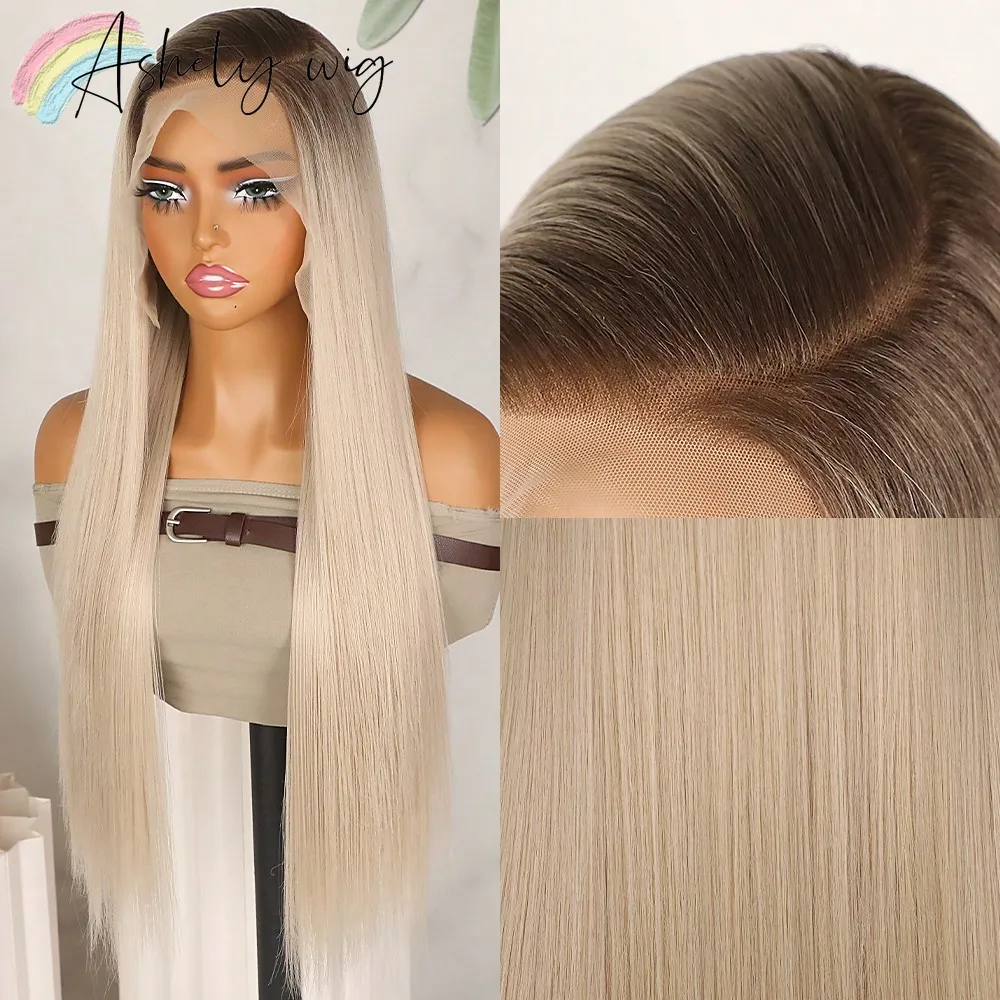 

13x4 Free Part Synthetic Lace Front Wigs Ombre Brown Roots Blonde Color Hair Long Straight Natural Hairline Heat Resistant Fiber