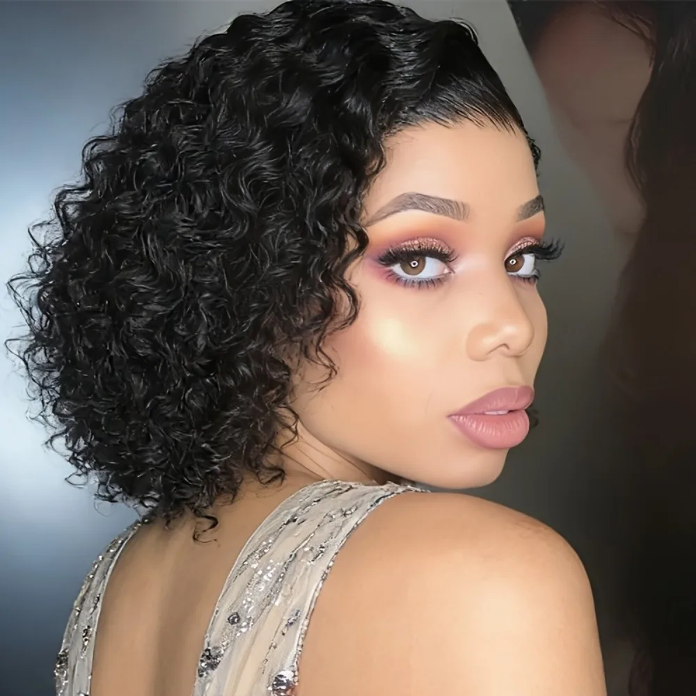 

13x4 inch Lace Frontal Human Hair Wig | Short Water Wave, Loose Curly Brazilian Human Hair Pixie Wig for Women