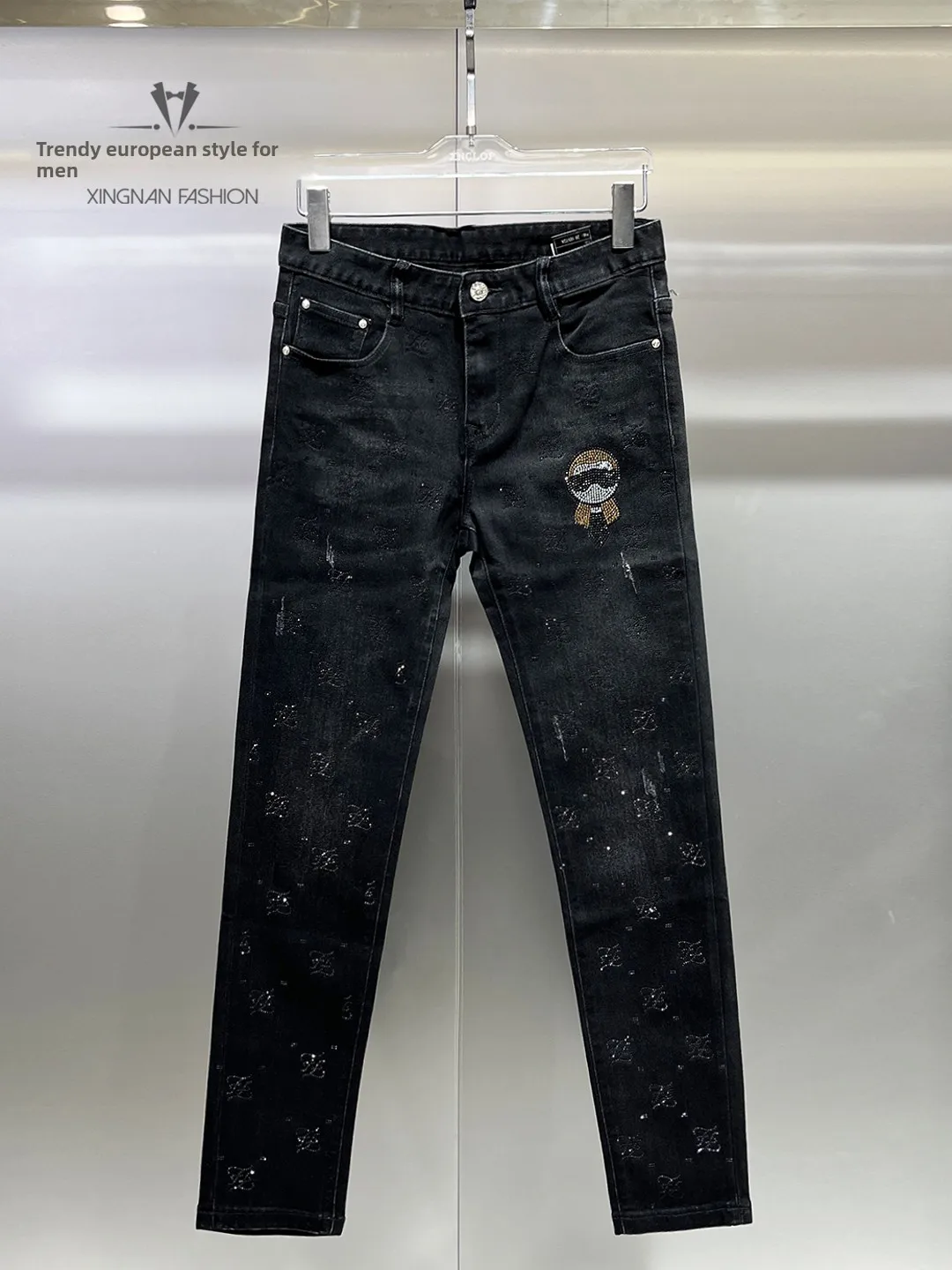 

Men's Faionable Slim Fit Denim Jeans with Rhinestones Vintage Waed Autumn Winter Straight Leg Pants Casual Sle