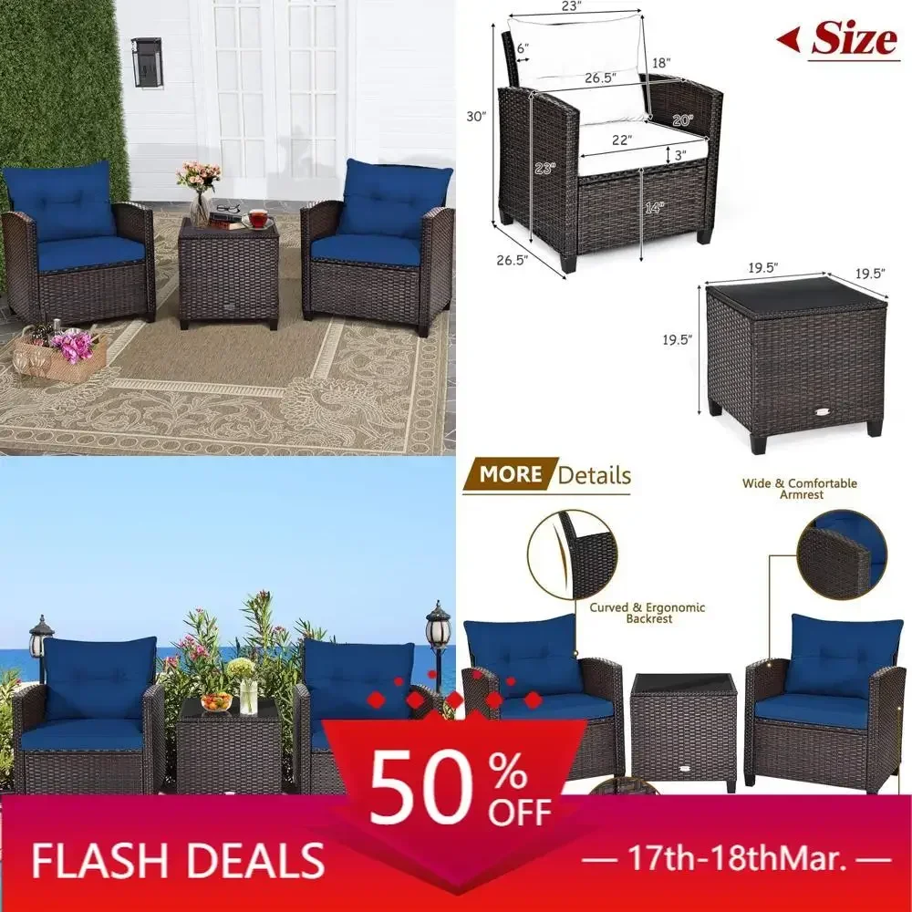 

Популярный комплект садовой мебели из 3 предметов: плетеный набор для отдыха на открытом воздухе с 2 мягкими креслами и столом со стеклянной столешницей.