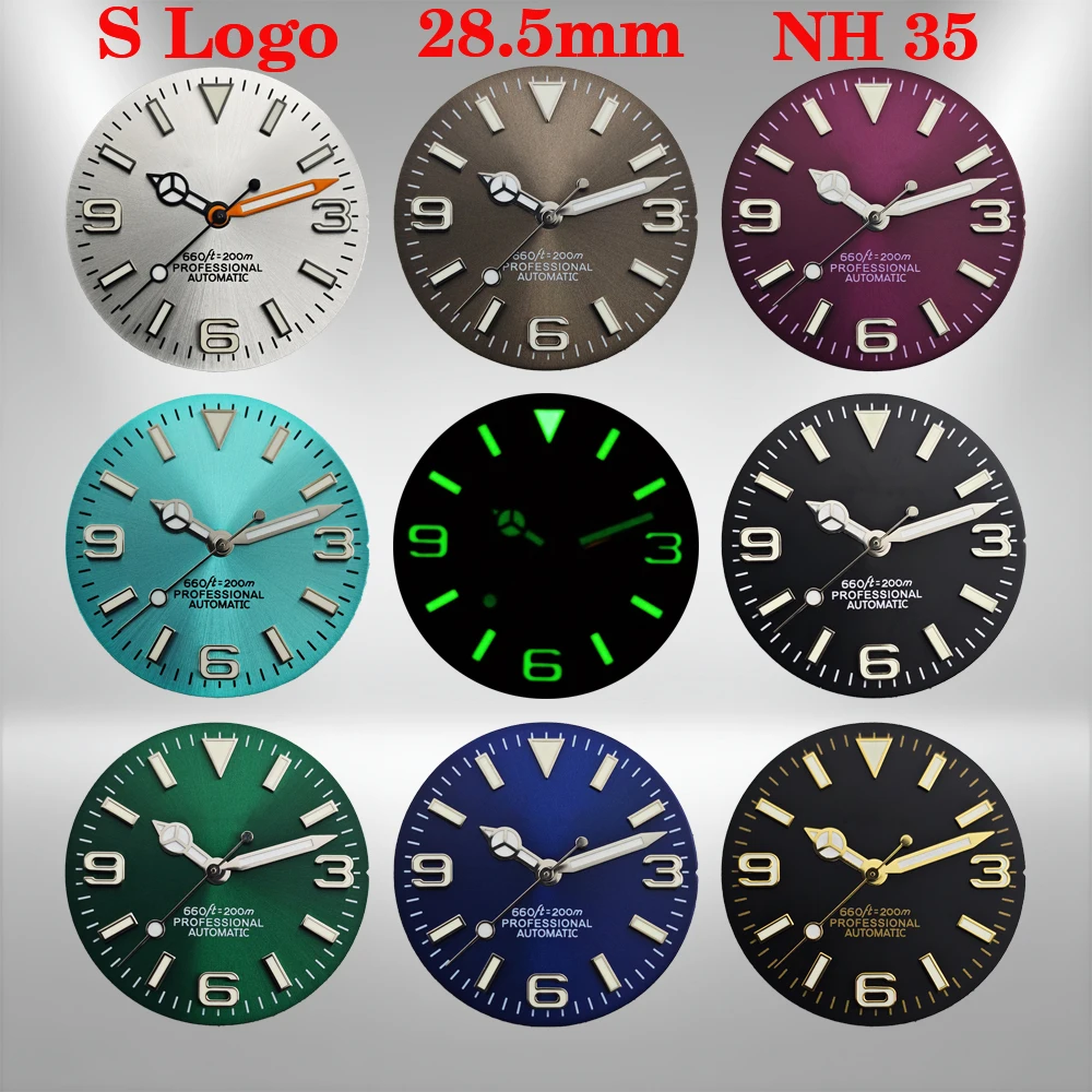 

28.5mm S logo 369 nail explosion-proof dial, green luminous dial, suitable for NH35 movement watch modification accessories