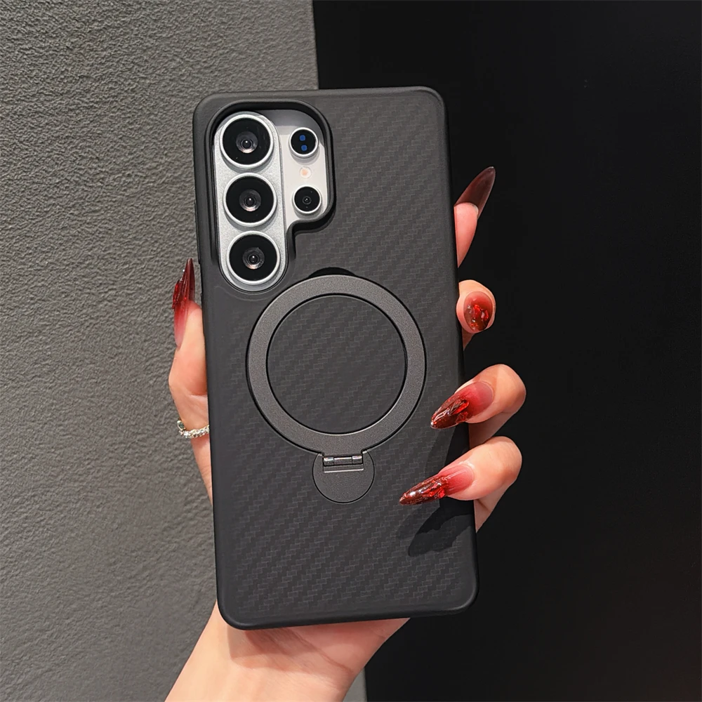 Black Carbon Fiber Business PC Armor For Magsafe Holder Case for Samsung S26 S24 S25 Ultra Plus Shockproof Protect Phone Cover