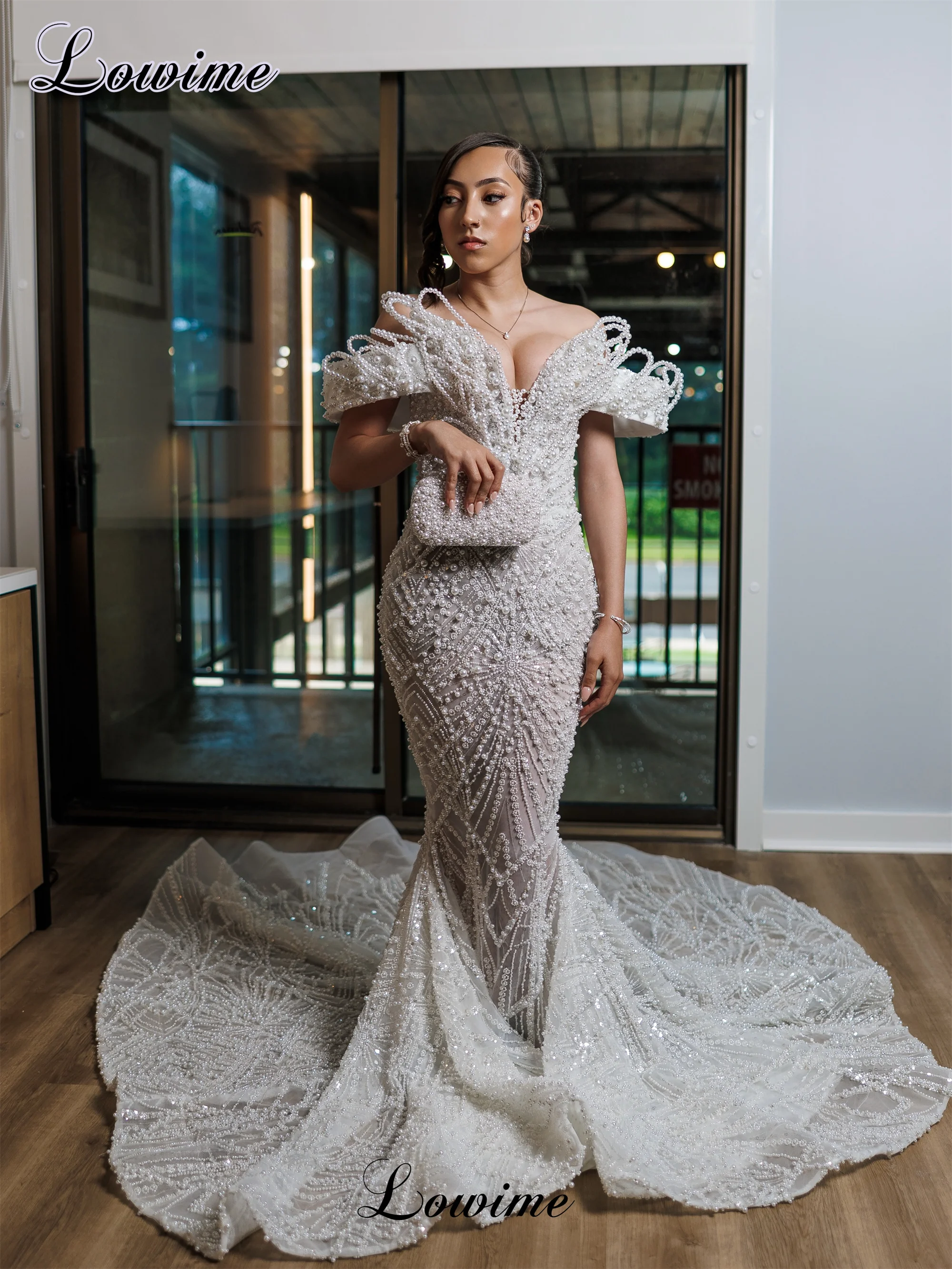 

Ivory Pearls Evening Dresses Elegant Off Shoulder Sweet Wedding Party Dresses Prom Dresses Mermaid robe de soirée Customized