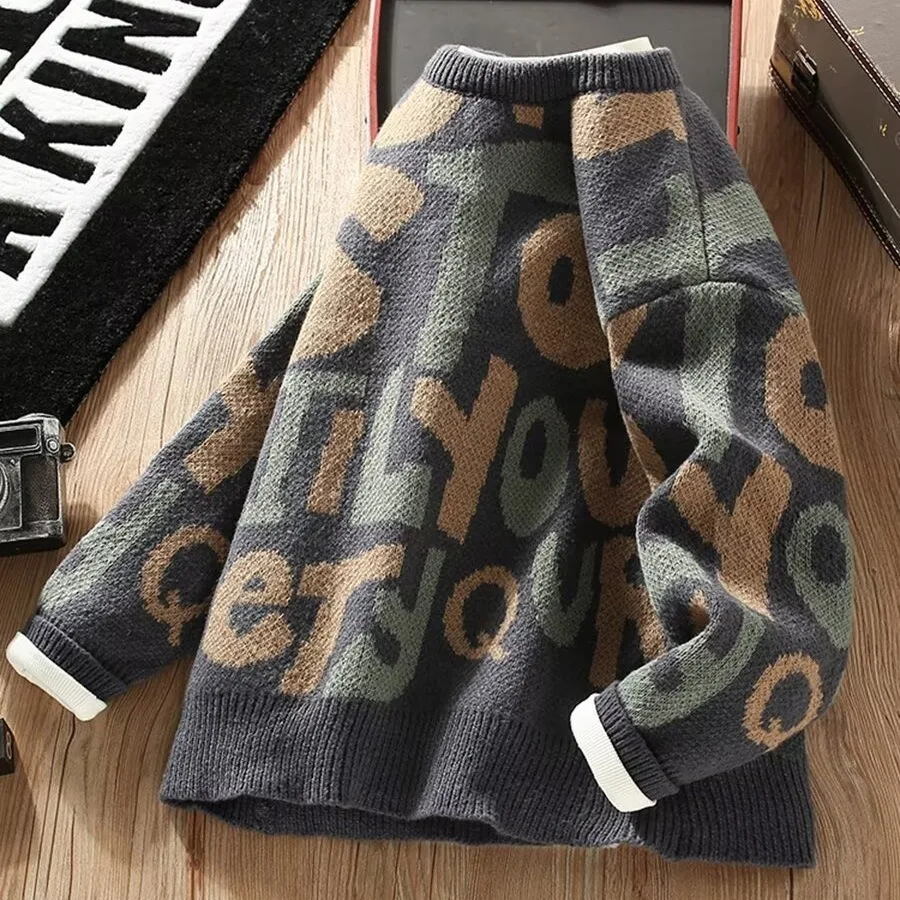 Caldo maglione lavorato a maglia da uomo con lettera ricamata lunga Sve Retro Casual strato base autunno inverno Faionable poliestere F...