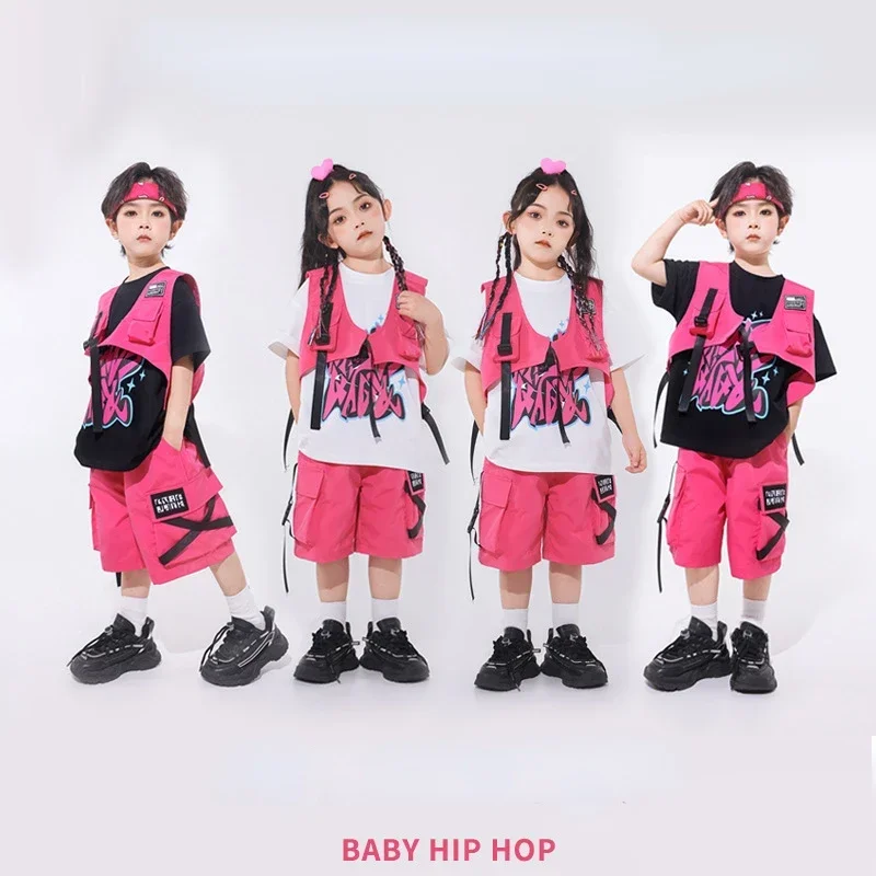 Neue Hip Hop Street Dance Kleidung für Jungen Rose Rot Weste Shorts Casual T Shirt Mädchen Jazz Leistung Kostüm Gruppe Bühne Outfits