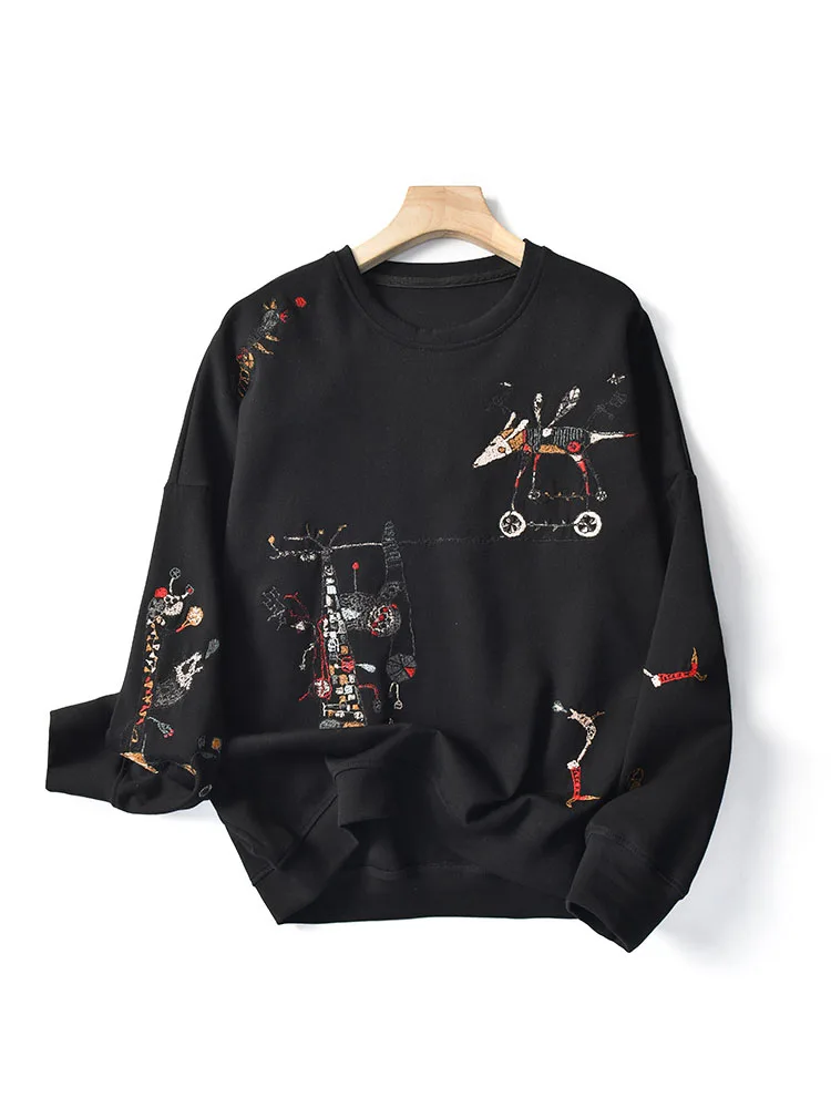 Harajuku Fashion Stitch-embroidered Long-Sleeved O- Neck Breathable Hoodie Top Casual Sweatshirt Women 2022 Spring Autumn New