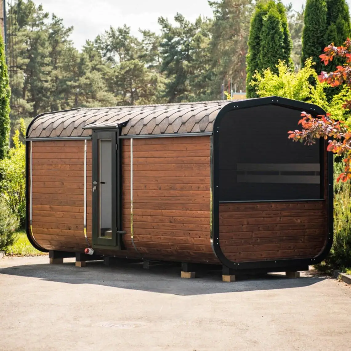 Canadian Red Cedar 4-person outdoor steam cube sauna 9 kW outdoor panoramic sauna villa
