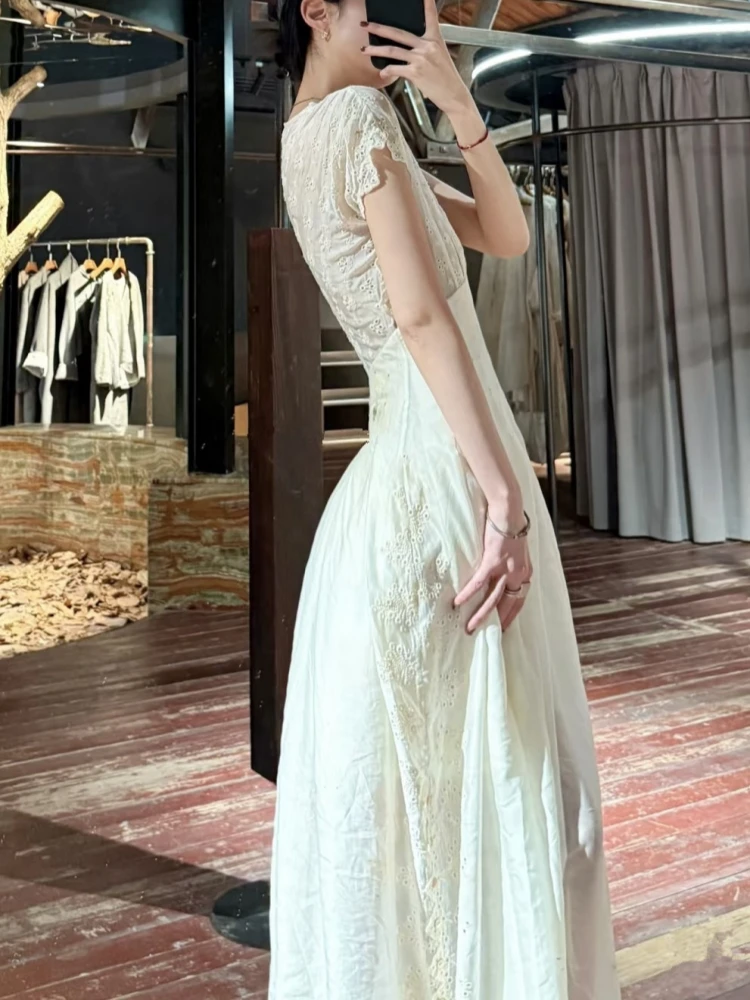 Sexy V Neck Embroidery Hollow Out Long Dress Women Sleeveless Patchwork Slim A-line Dresses Elegant Evening Party Gowns