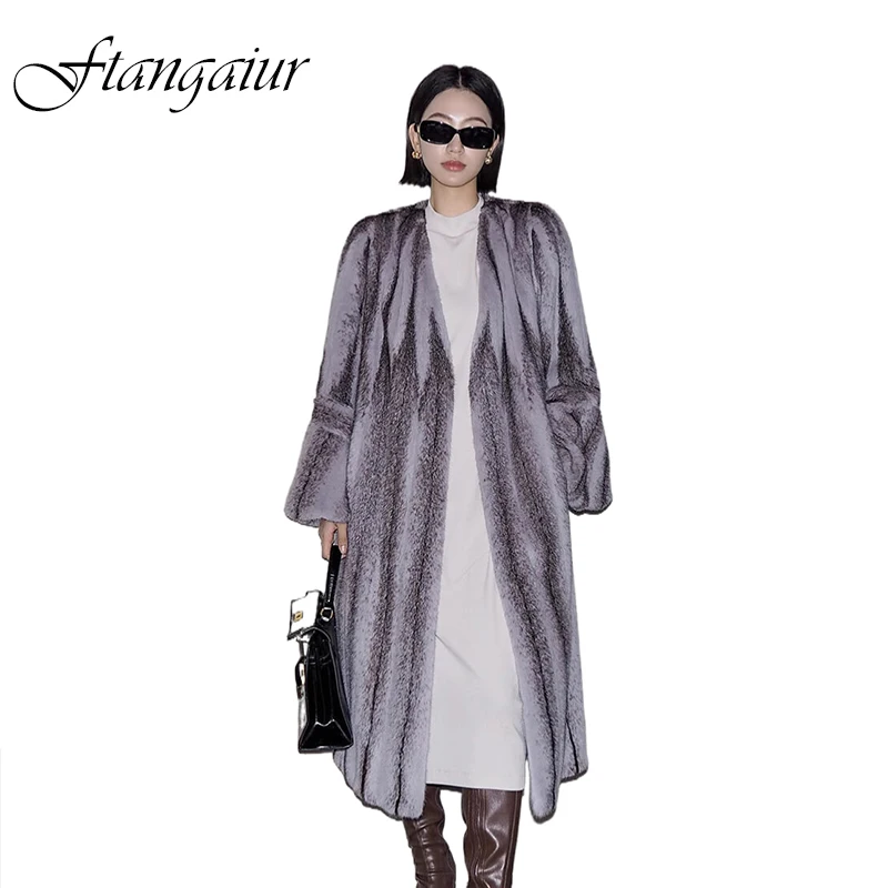 Ftangaiur Winter Coat For Women Import Cross Velvet Mink Fur Coat Women's Flare Sleeve X-Long Simplicity Real Mink Fur Coats