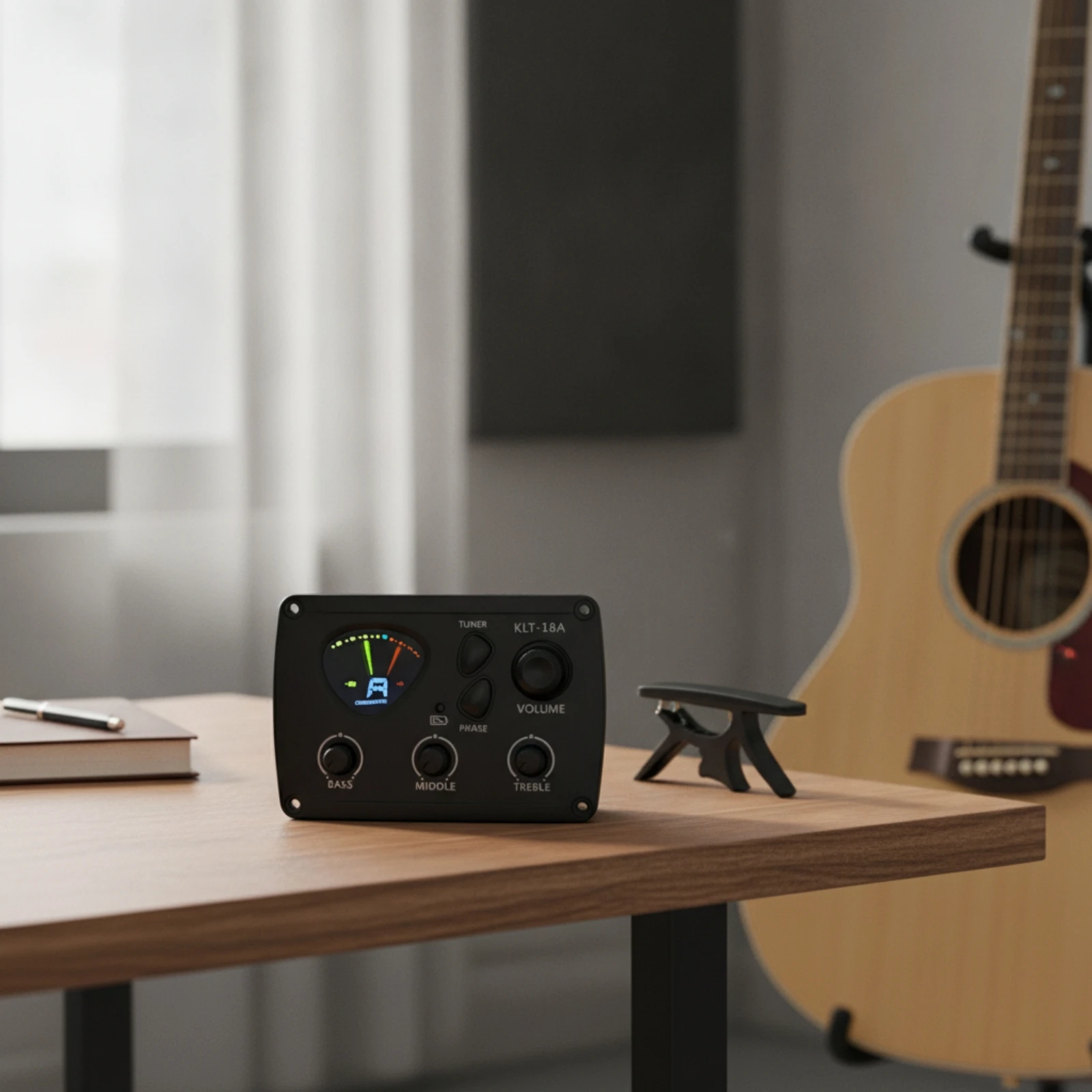KLT-18A Acoustic Guitar Pickup and Preamplifier Compact 3-Band EQ Preamp System with Built-in Chromatic Tuner