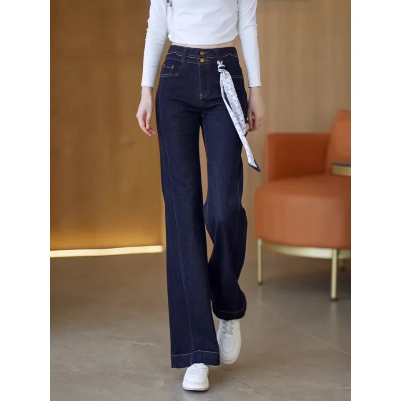 جينز أزرق من الدنيم للنساء والشتاء، سروال أنيق كاجوال بطول الأرض بأرجل مستقيمة #3