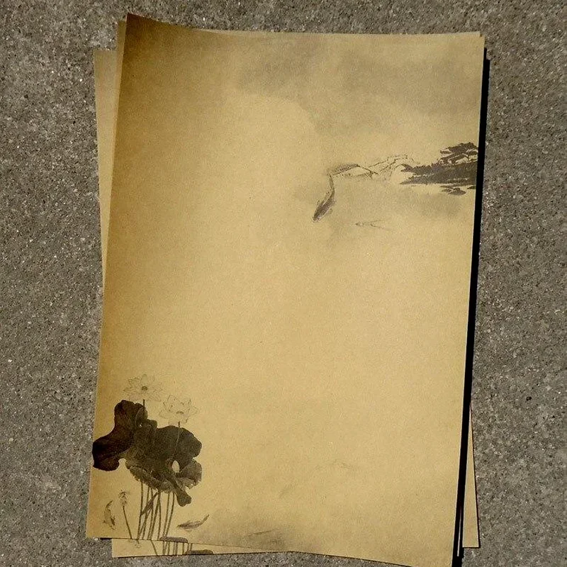 8Pcs Vintage Kraft Paper Writing Letter Chinese Landscape Stationery Romantic Note Painting Paper School Office Supplies