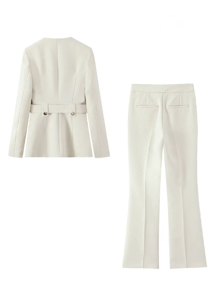 HH أزياء المرأة طويلة الأكمام زر مع حزام البدلة سترة عالية الخصر ضئيلة س الرقبة سستة جيوب السراويل الصلبة 2 قطعة مجموعة #3