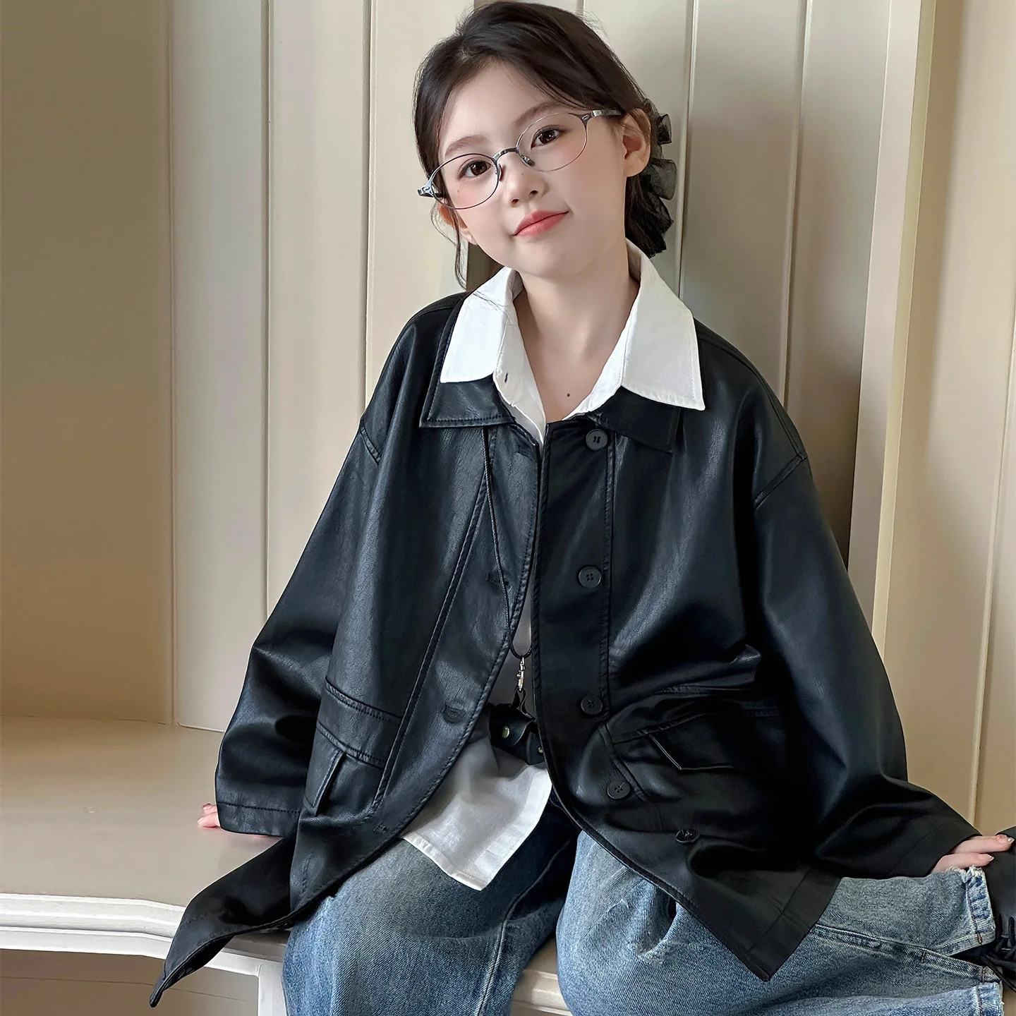 set-top-per-ragazza-adolescente-autunno-junior-girls-colletto-rovesciato-t-shirt-monopetto-giacca-in-pelle-per-ragazza-scolastica-kid-girl-2-pezzi