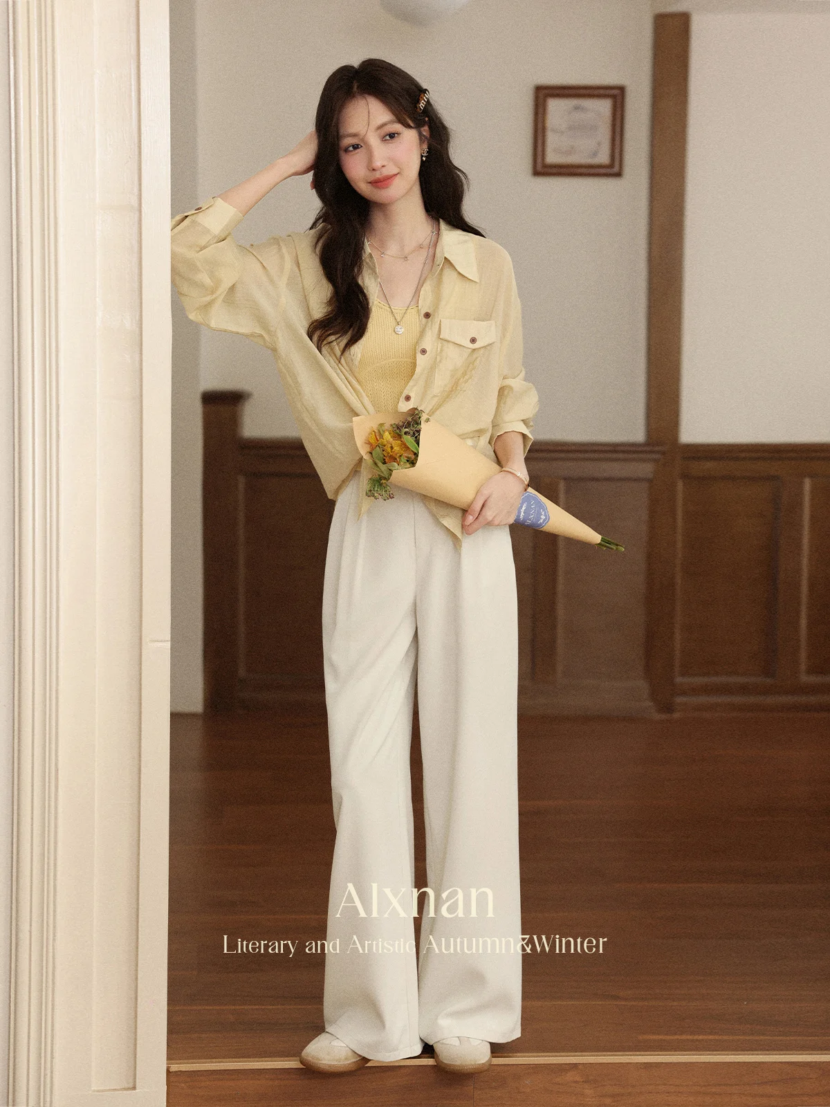 ALXNAN pantalon femme droit jambe large bureau dame Baggy pantalon automne clair abricot dentelle panneau taille pantalon décontracté L56771