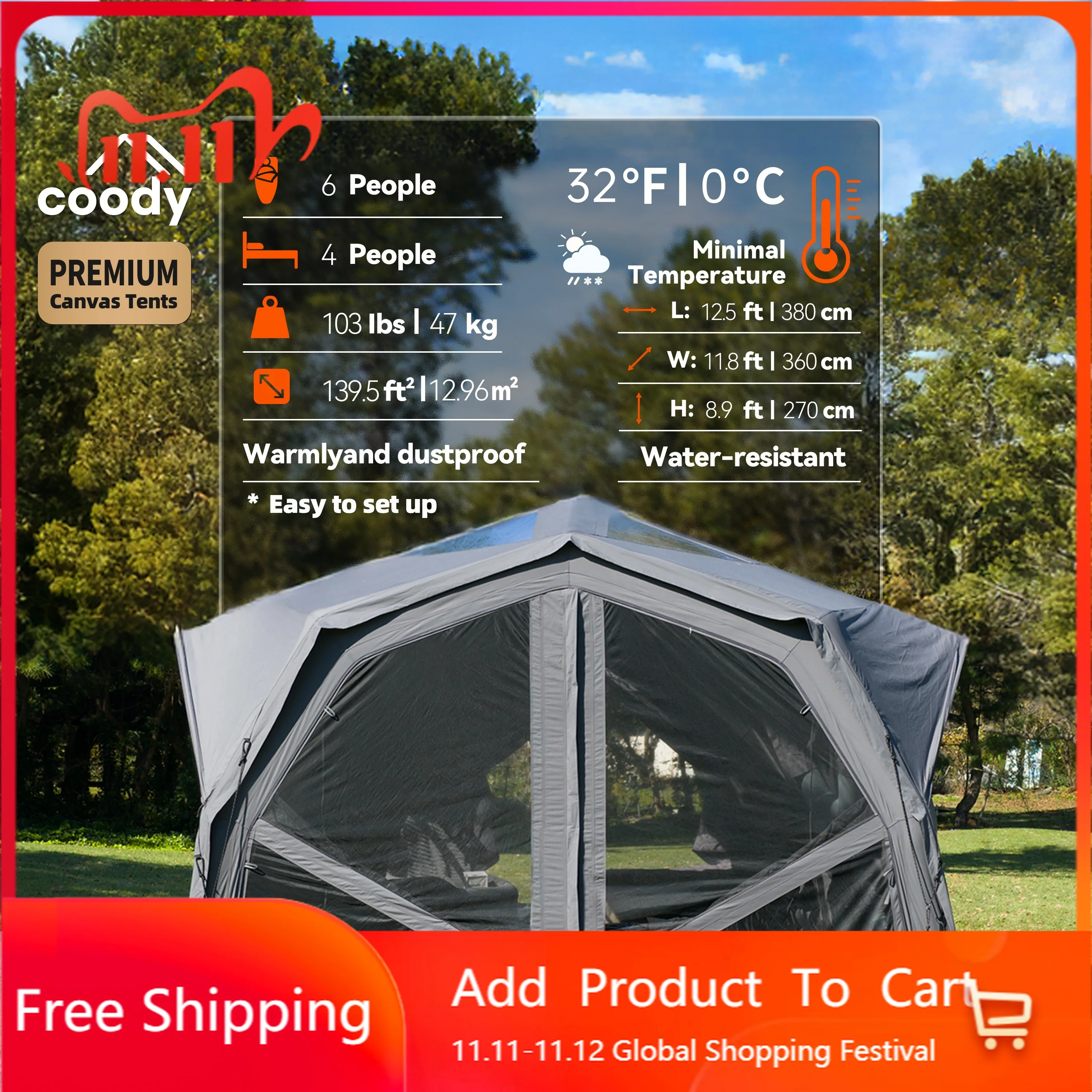 Coody Hubshelter Pro Gray Cotton Inflatable Tent 4-6 Person 4 Season Portable Outdoor Camping Hiking Shelter