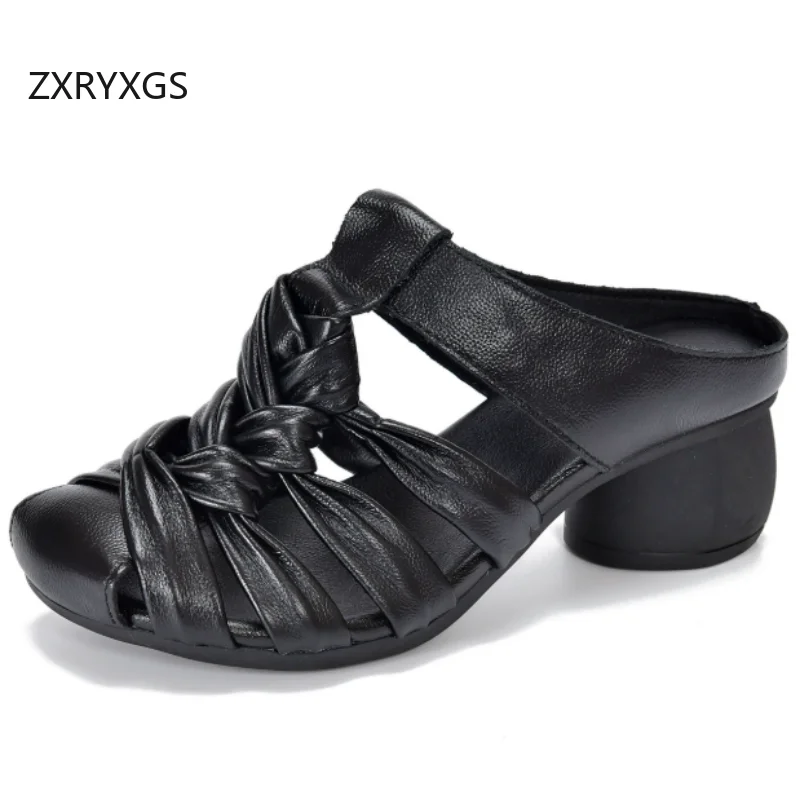 

ZXRYXGS Женские сандалии-шлепанцы из натуральной кожи с плетеным верхом и средним каблуком, новинка лета 2026