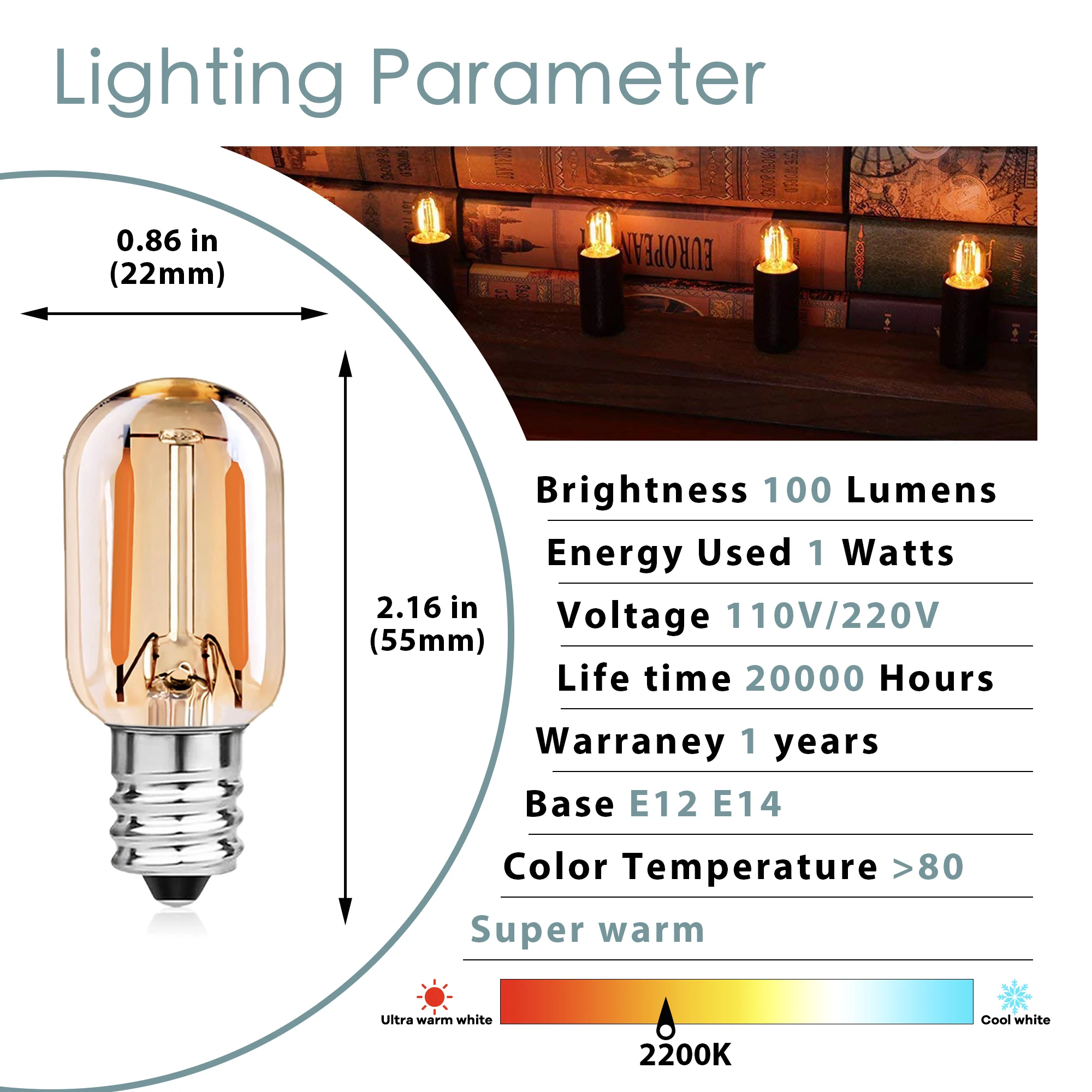 GANRILAND T22G Dimmable Mini 1W Light Bulbs E12 E14 Screw Base Tubular Amber Glass Bombillas Decor Retro Led Filament Lamp Bulb