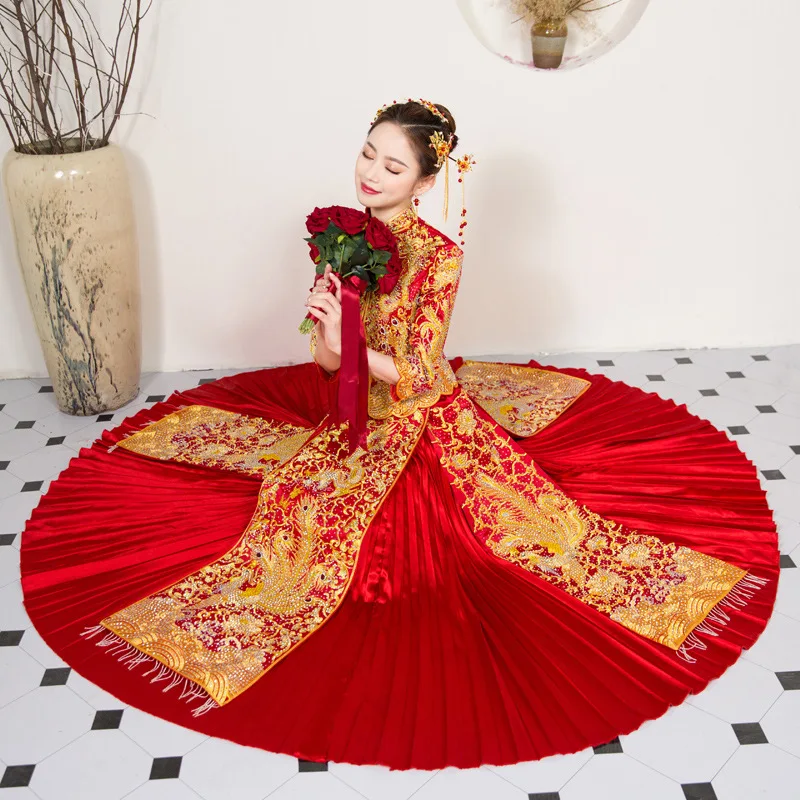 Yourqipao Dragon and Phoenix Coat 2023 Chinese Ancient Costume Wedding Dress Xiuhe Bridal Toast Dresses Women Traditional Sets