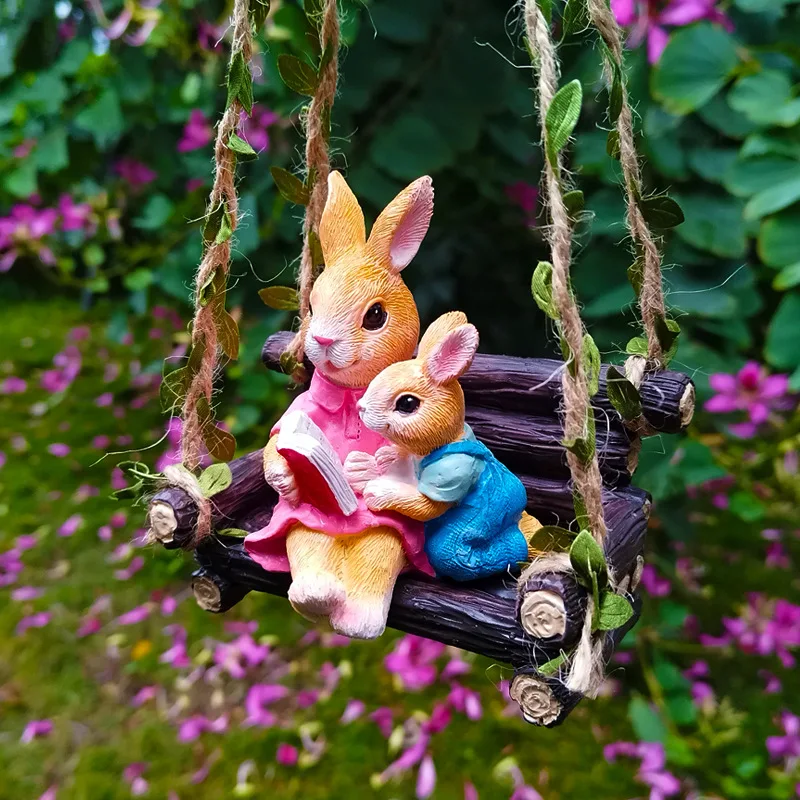 Adorable 1pc Resin Swing Rabbit Figurine - Perfect for Fairy Garden Decoration and Outdoor Tree Hanging Decor