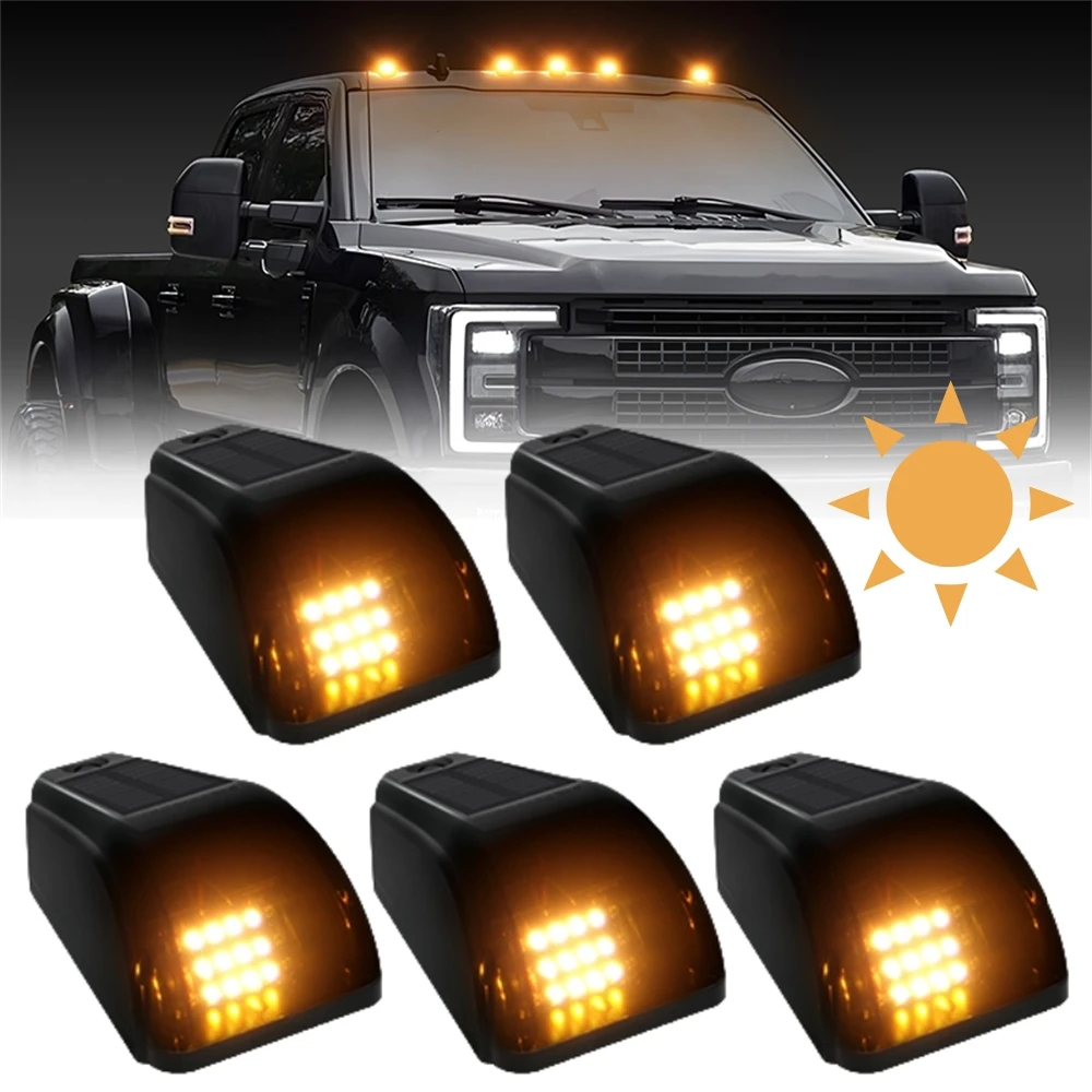 5Pcs Solar Powered Cab Marker Lights 12 LED Side Marker Light Kenworth Replacement Roof LED Flat Line Square Cab Light No Drill