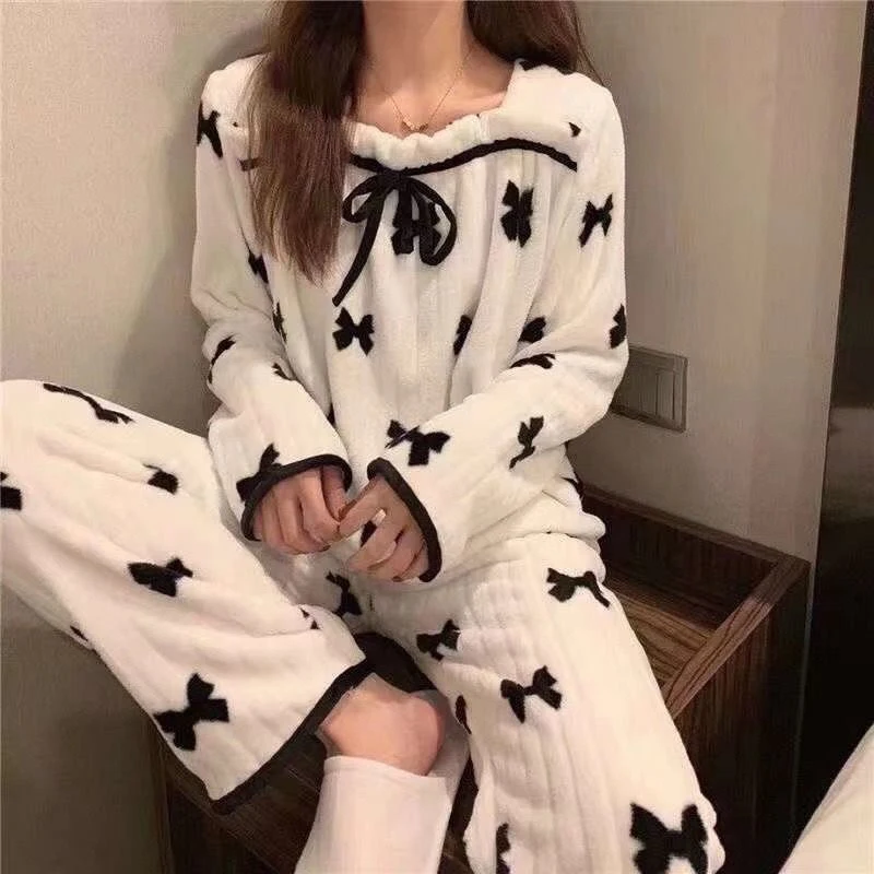 Square Collar Women Pajamas Set Winter Sleepwear Fleece Velvet 2 Piece Pant Home Suit Fluffy Korean Solid Piiama Warm Night Wear