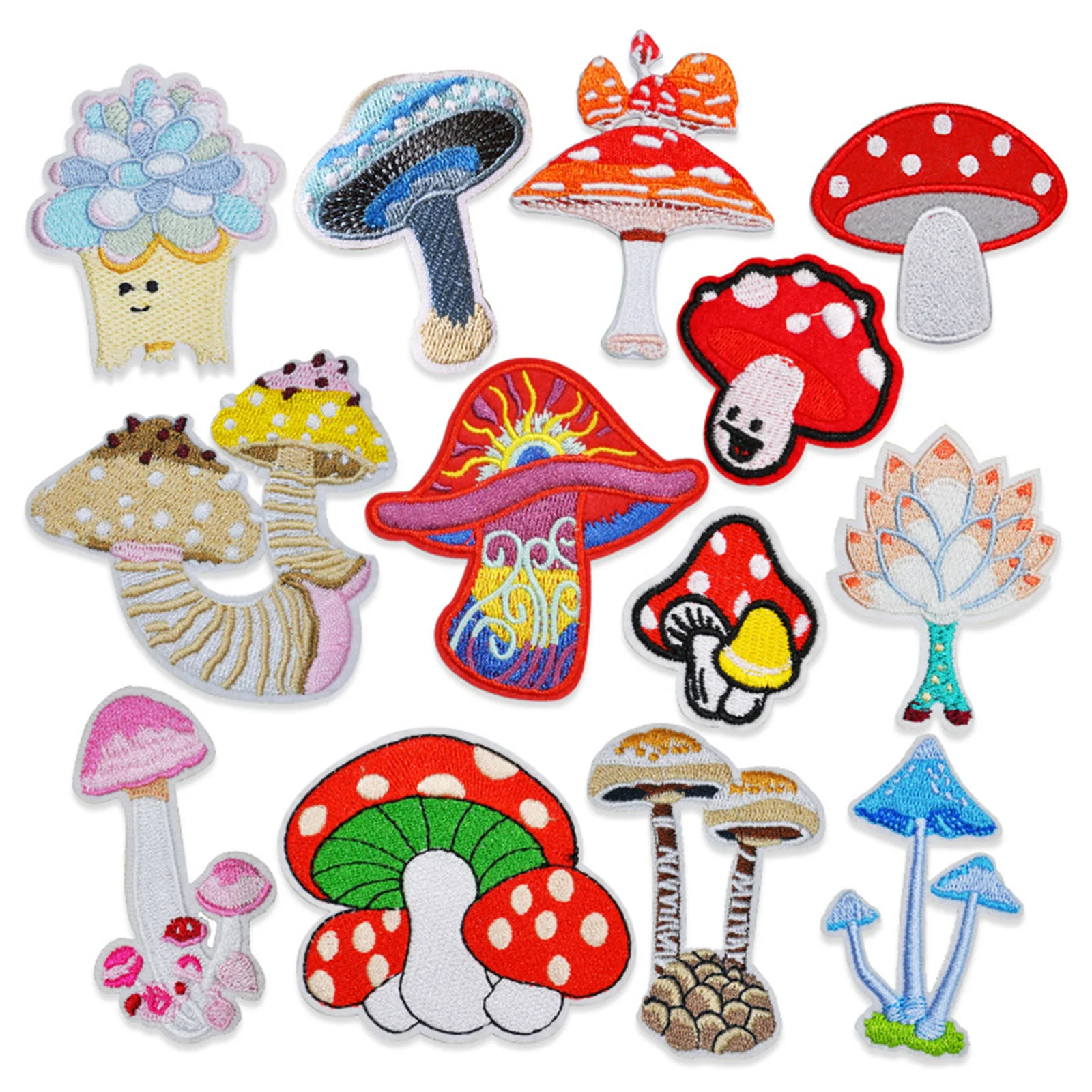 5PCs Mushroom Embroidered Polyester Iron On Patches Appliques (With Glue Back) Craft Stiker For Clothing Coat Appliques Badges