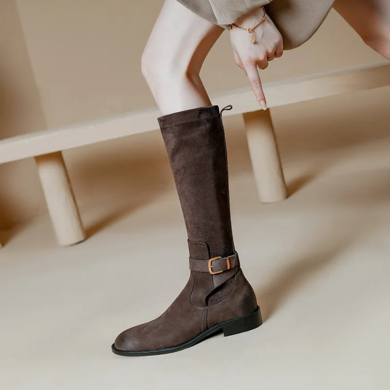 2023 New Vintage Women Knee-High Boots Cow Suede Leather Thick Heels Office Ladies Working Shoes Woman Autumn Winter Retro Style