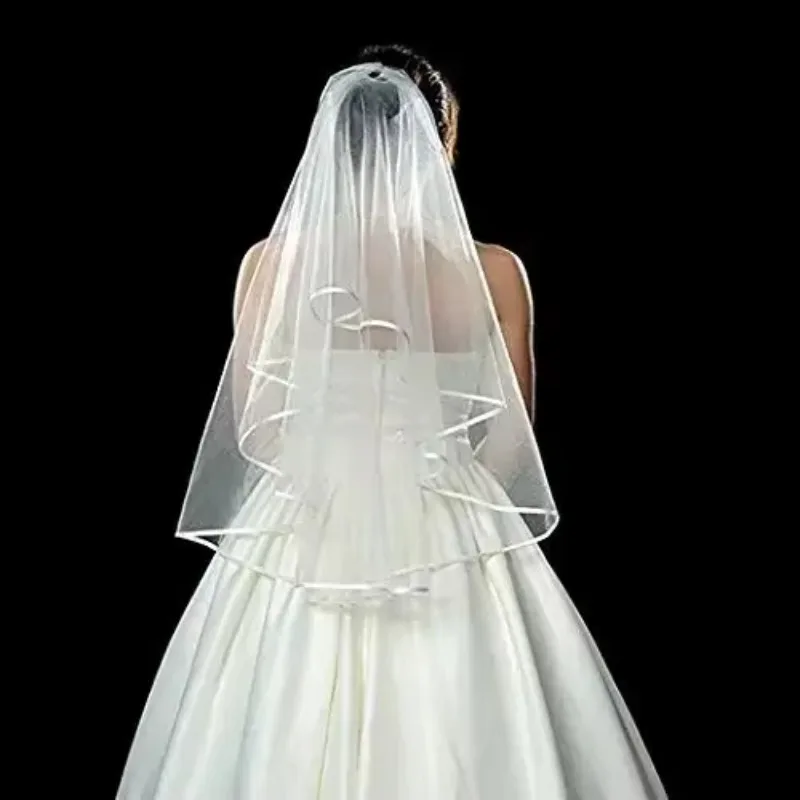 White Double Ribbon Edge Center Cascade Bridal Wedding Veil with Comb