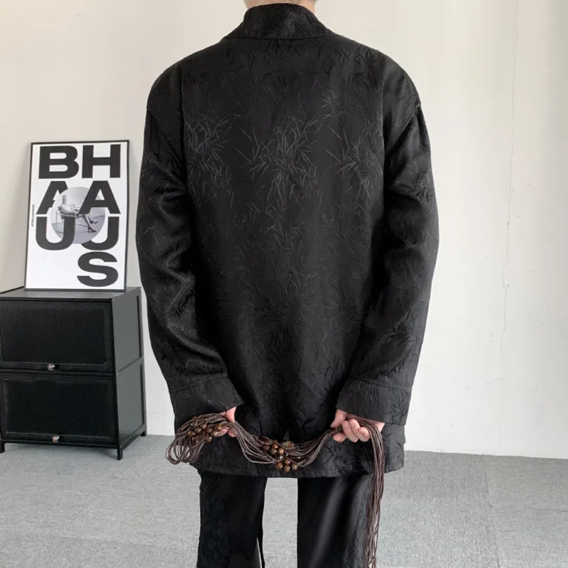 PFNW Chinese Style Ribbon Bamboo Jacquard Layered Long Sleeve Cardigan Shirt Large Size Men's Thick Black Tops 2025 New 12C1222