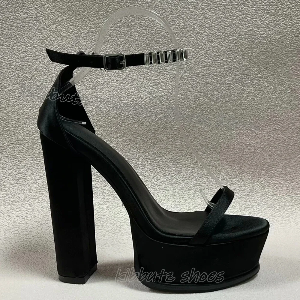 

Crystal Chain Sandals Buckle Strap Glossy Fashion Novelty Elegant Concise Women Shoes Newest Round Toe Chunky Heels Solid Color