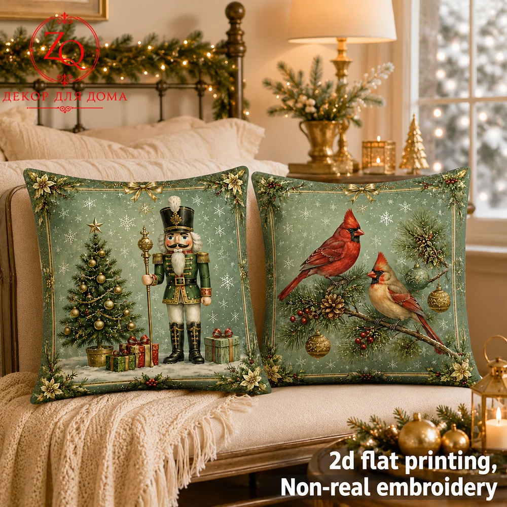 Christmas Vintage Nutcracker Cardinal Throw Pillow Covers  Peach Fleece Winter Bed Decorative Cushion Cases