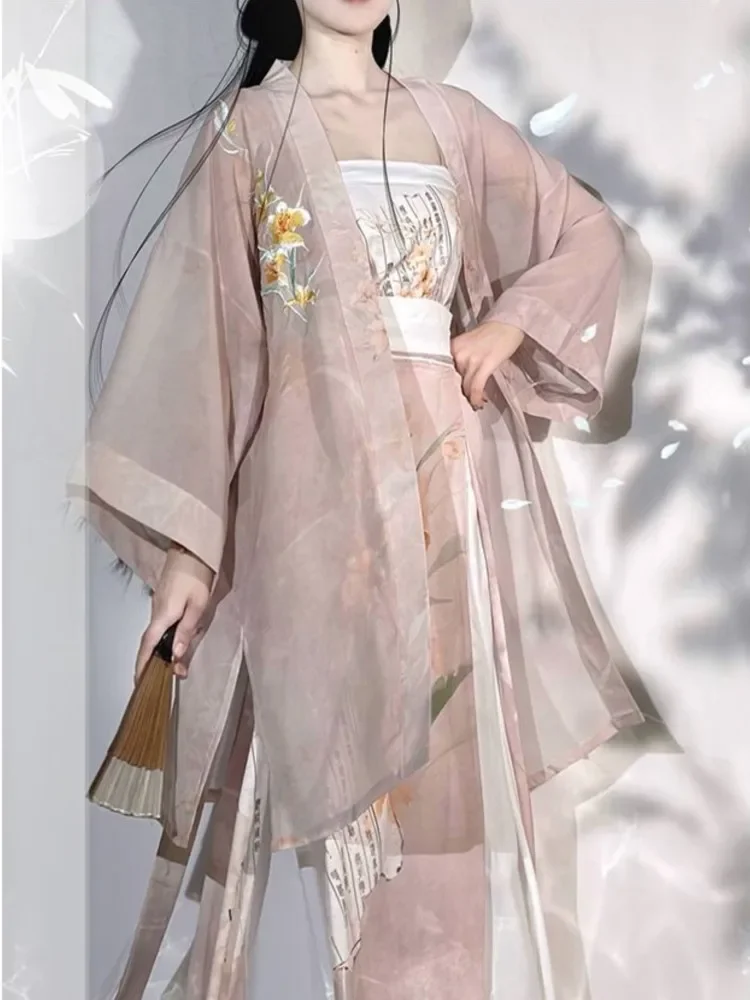 Hanfu ชุดคอสเพลย์ผู้หญิงปักแบบดั้งเดิมของผู้หญิงชุดเดรสสไตล์จีนนางฟ้าระบายอากาศได้สำหรับฤดูร้อนชุดเต้นพื้นบ้าน