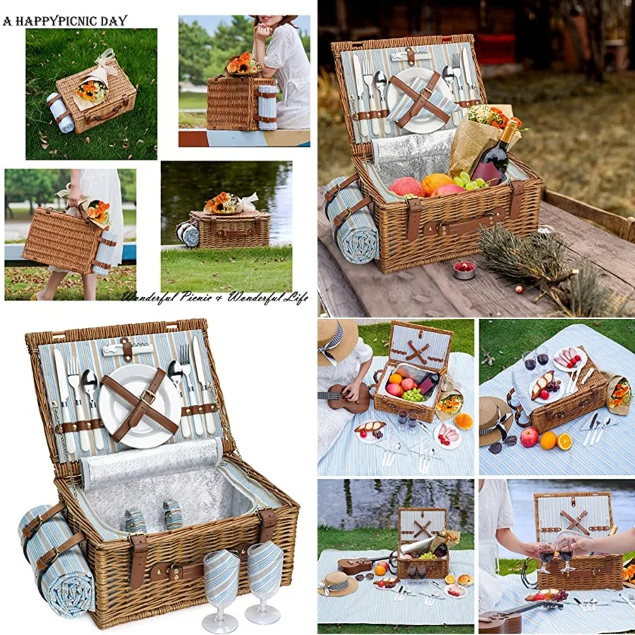 

Picnic Basket Set for 2 Persons, Willow Hamper with Large Insulated Cooler Compartment, Waterproof Blanket and Cutlery Service