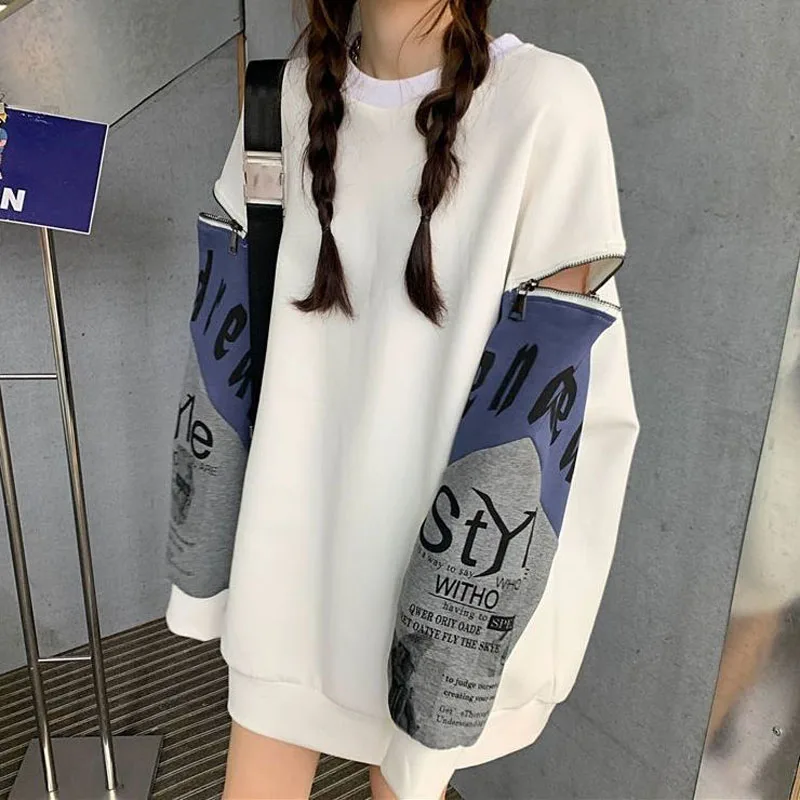 Trend High Street Women's Zipper Hollow Out Sweatshirts Autumn Winter New Printed Patchwork Long Sleeve Loose Pullovers Tops